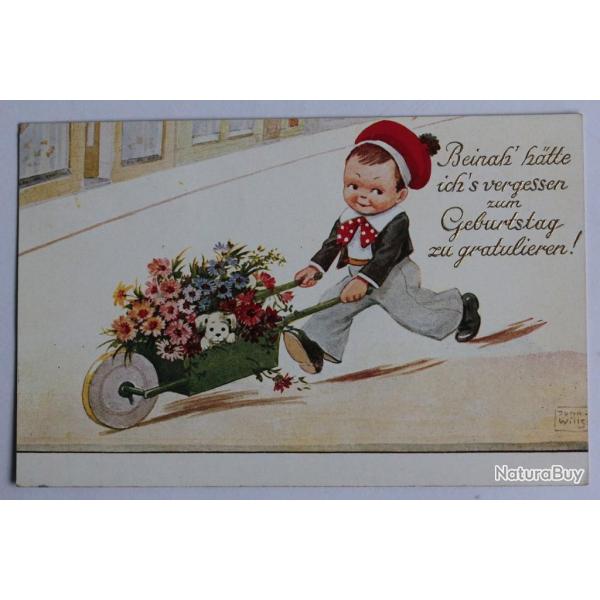 CPA illustr�e John Wills Gar�on � la brouette