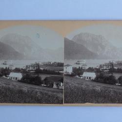 Photographie Vue stéréo Ort bei Gmunden mit dem Traunstein Autriche