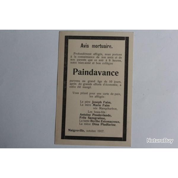 CPA satirique Avis mortuaire Paindavance Famine Suisse