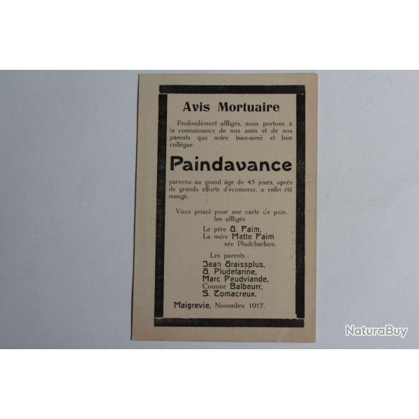 CPA satirique Avis mortuaire Paindavance Famine Suisse