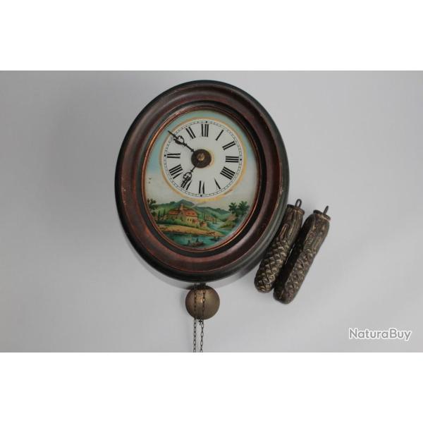Ancienne horloge murale For�t noire d�cor peint sous verre