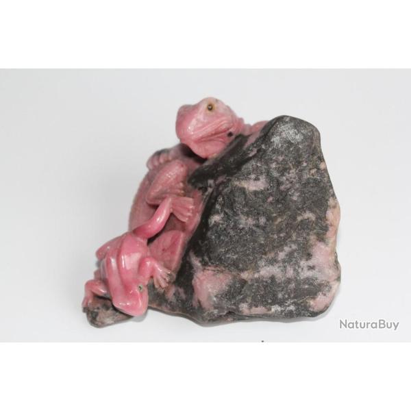 Sculpture Rhodonite L�zard et grenouille rose