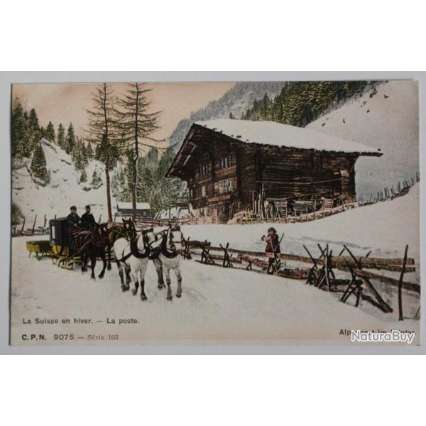 CPA La Suisse en hiver La Poste Alpenpost im Winter Attelage