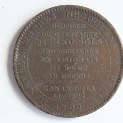 Médaille de confiance Monneron de 5 sols au serment 1792 type 2