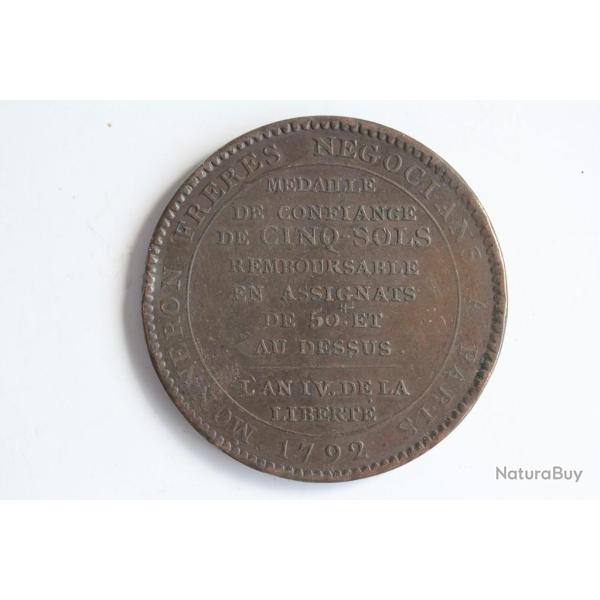 M�daille de confiance Monneron de 5 sols au serment 1792 type 2