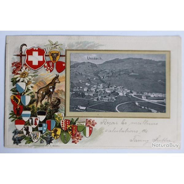 Carte postale ancienne gaufr�e Urn�sch Suisse armoiries
