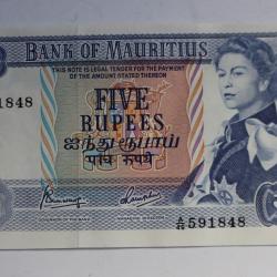 Billet 5 Rupees Mauritius Île Maurice 1967 pr. neuf
