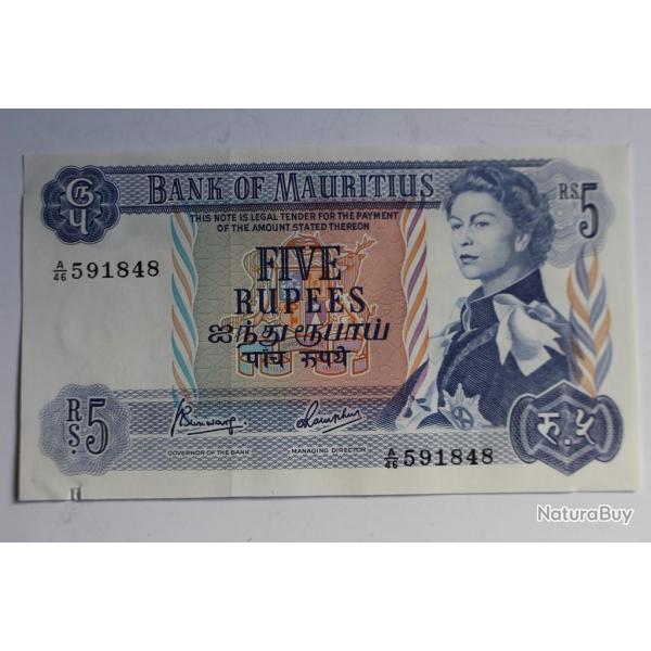 Billet 5 Rupees Mauritius �le Maurice 1967 pr. neuf