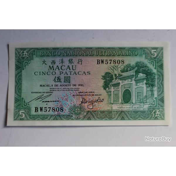 Billet 5 Patacas Macau type 1981-1988 pr. neuf