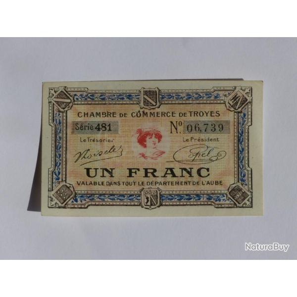 Billet Chambre de Commerce de Troyes Un Franc (1914-1925)