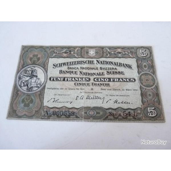 Billet 5 Francs 28-03-1952 Suisse