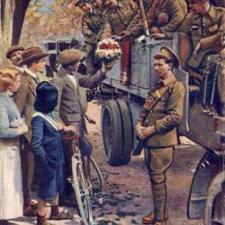 CPA Militaria En guerre Fran&ccedil;ais offrant des fleurs aux soldats Anglais