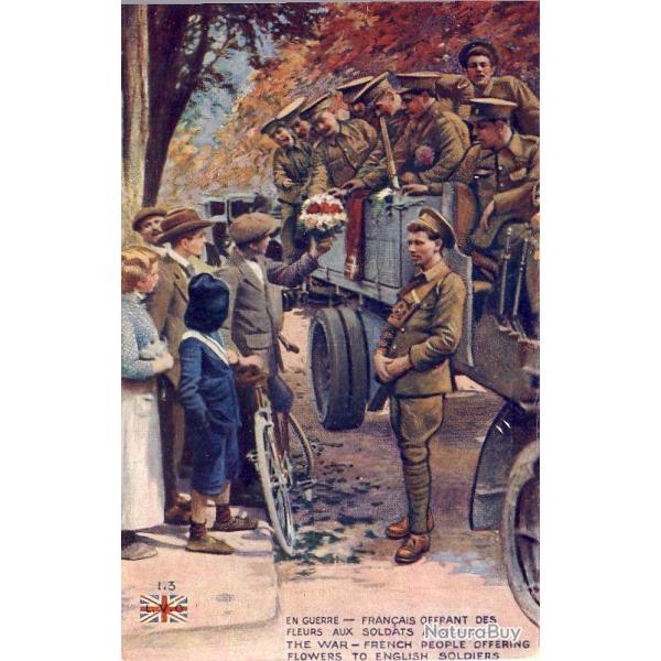 CPA Militaria En guerre Fran�ais offrant des fleurs aux soldats Anglais
