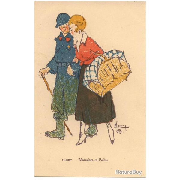 CPA illustr�e LEROY Maurice S�rie Marraines et poilus Guerre Soldat Femme