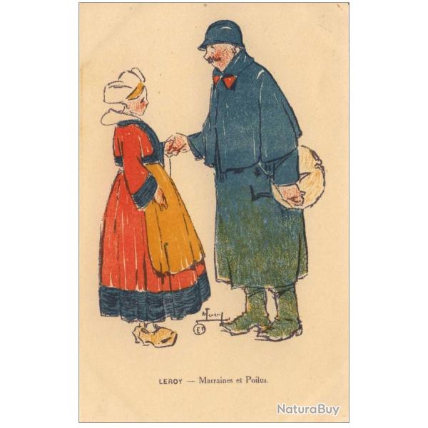 CPA illustr�e LEROY Maurice S�rie Marraines et poilus Guerre Soldat Femme