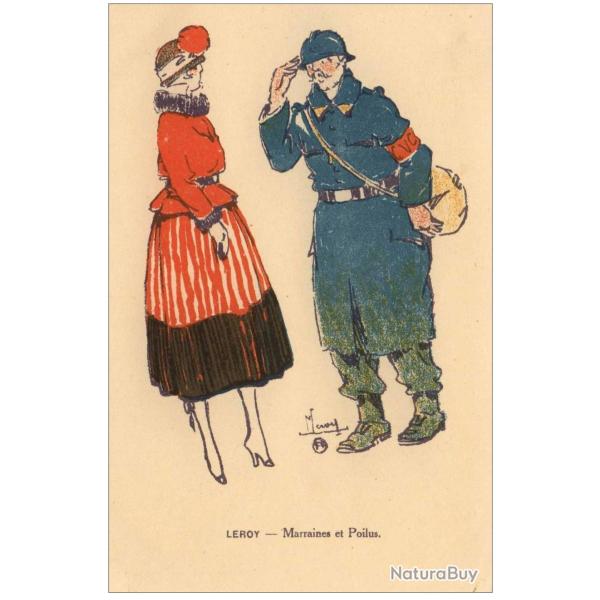 CPA illustr�e LEROY Maurice S�rie Marraines et poilus Guerre Soldat Femme