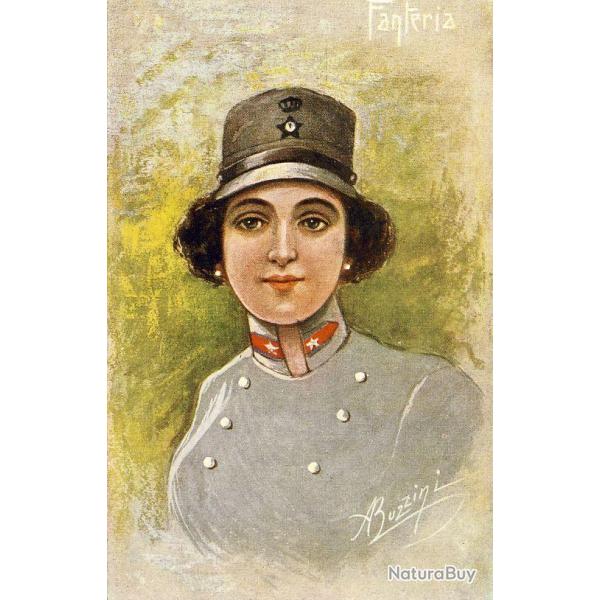 Illustrateur BUZZINI Femme Soldat Italie Uniforme Guerre