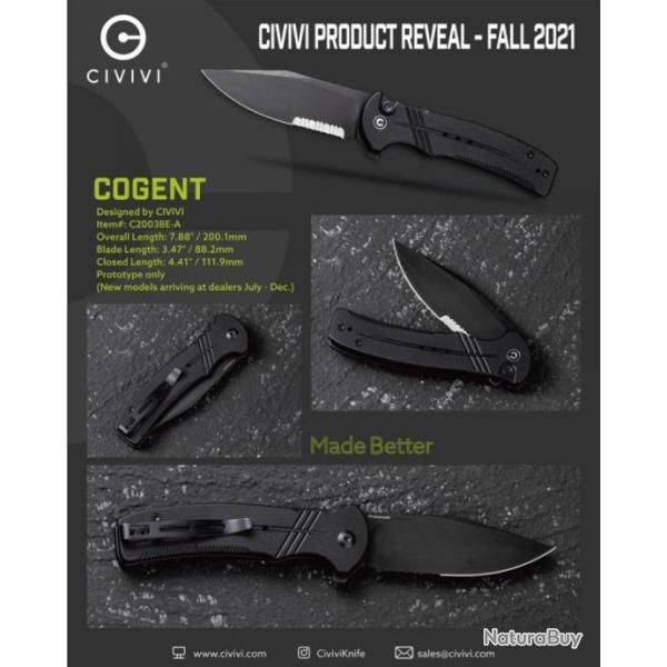 Couteau CIVIVI Cogent Black Button Lock Manche G10 Lame Acier 14C28N Part Serr IKBS Clip CIVC20038E1