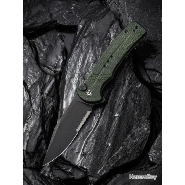 Couteau CIVIVI Cogent Green Button Lock Manche Micarta Lame Acier 14C28N Part Serr IKBS CIVC20038E4