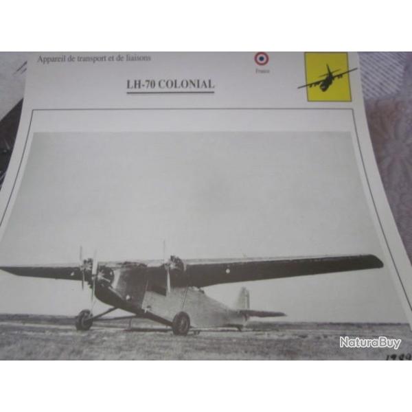 FICHE  AVIATION  TYPE TRANSPORT ET DE LIAISON  /  LH 70  COLONIAL  FRANCE