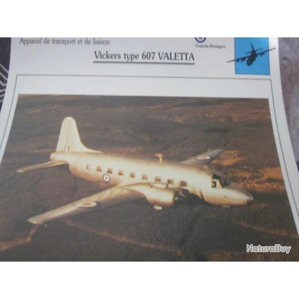 FICHE  AVIATION  TYPE TRANSPORT ET DE LIAISON  /  VICKERS TYPE 607 VALETTA  G BRETAGNE