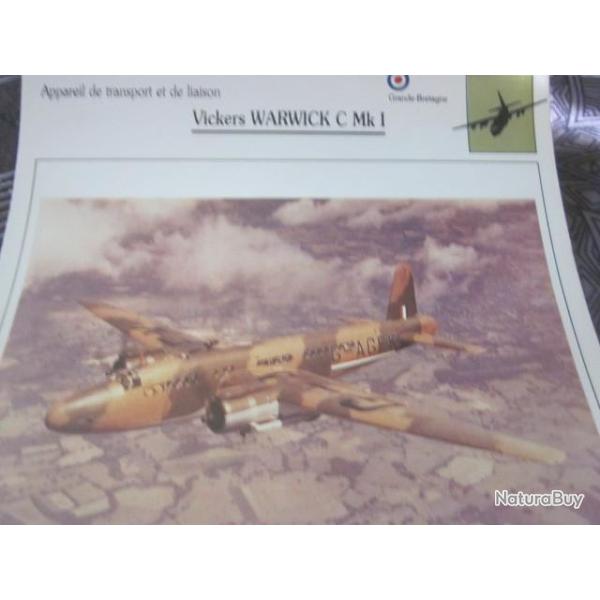 FICHE  AVIATION  TYPE TRANSPORT ET DE LIAISON  / VICKERS WARWICK  C Mk I   G BRETAGNE
