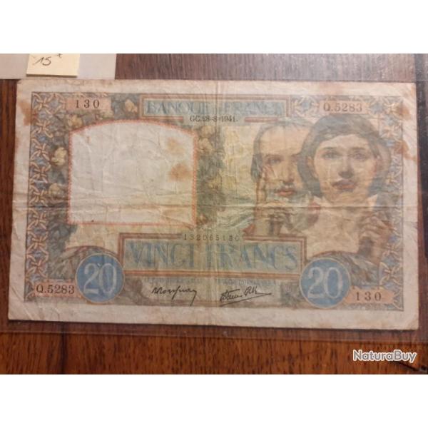 20 francs science et travail du 28/8/1941en tb