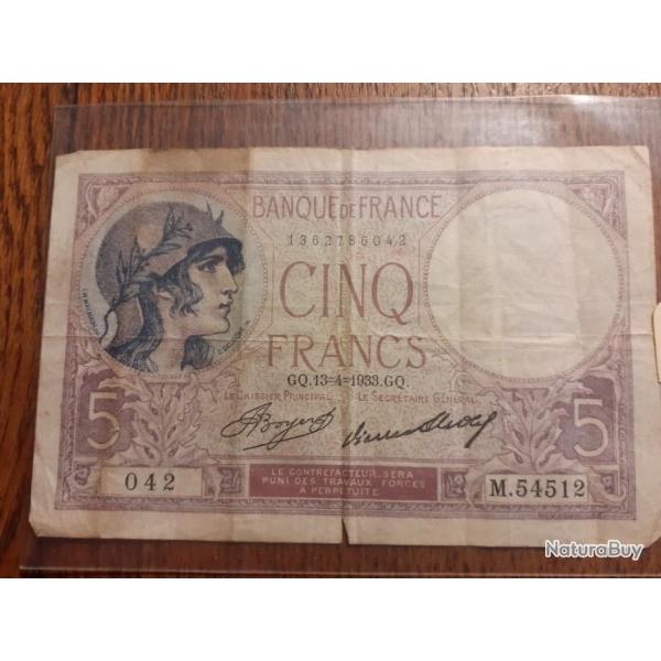 5 francs violet du 13/4/1933 en ttb