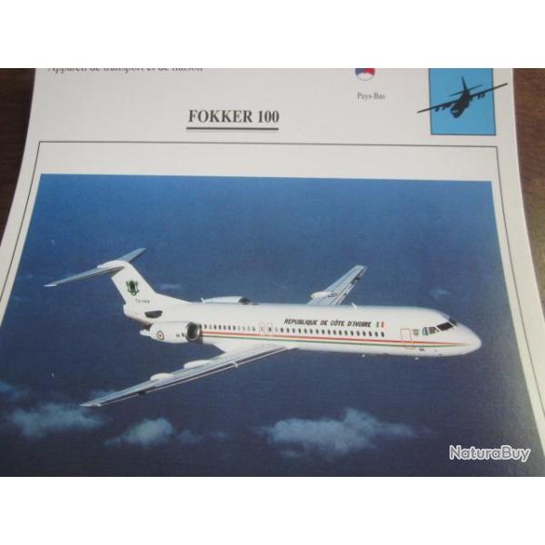 FICHE  AVIATION  TYPE TRANSPORT ET DE LIAISON  /  FOKKER   100      PAYS BAS