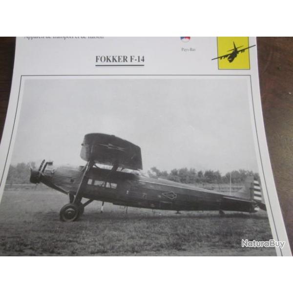 FICHE  AVIATION  TYPE TRANSPORT ET DE LIAISON  / FOKKER F 14   FRANCE