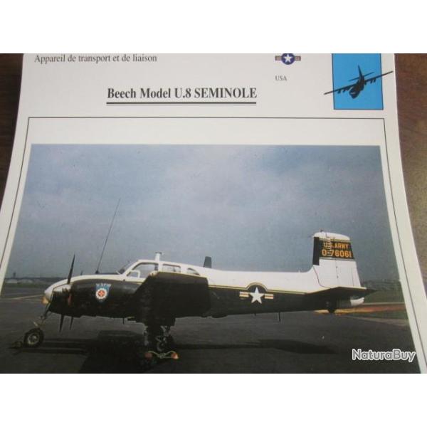 FICHE  AVIATION  TYPE TRANSPORT ET DE LIAISON  / BEECH MODEL U 8 SEMINOLE  USA