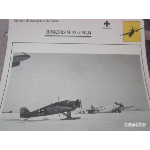 FICHE  AVIATION  TYPE TRANSPORT ET DE LIAISON  / JUNKERS W 33 ET W 34   ALLEMAGNE