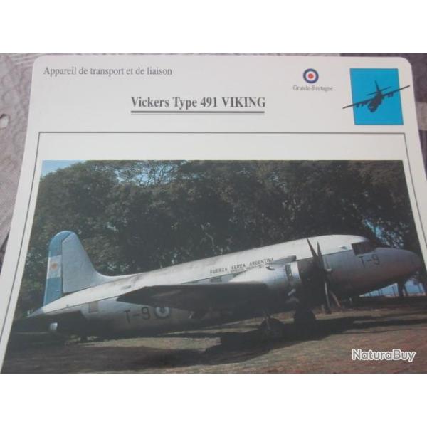 FICHE  AVIATION  TYPE TRANSPORT ET DE LIAISON  / VICKERS TYPE 491 VIKING   G BRETAGNE