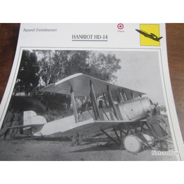 FICHE  AVIATION  TYPE  APPAREIL D ENTRAINEMENT   / HANRIOT HD 14   FRANCE