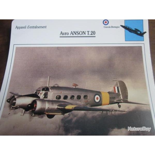 FICHE  AVIATION  TYPE  APPAREIL D ENTRAINEMENT   / AVRO ANSON T 20  G BRETAGNE