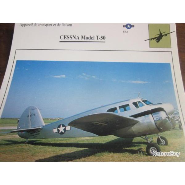 FICHE  AVIATION  TYPE  APPAREIL DE TRANSPORT ET DE LIAISON   / CESSNA MODEL T 50  USA