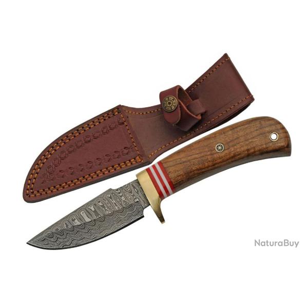 Couteau Damas Hunter Walnut Lame 256 Couches Manche Noyer Etui Cuir DM1287