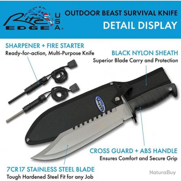 Couteau Bowie Outdoor Beast Knife Lame Acier 7Cr17MoV Manche Abs Etui Nylon CN211539