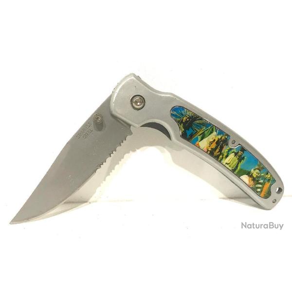 Ancien couteau Pliant motif Indiens avec clip pour ceinture