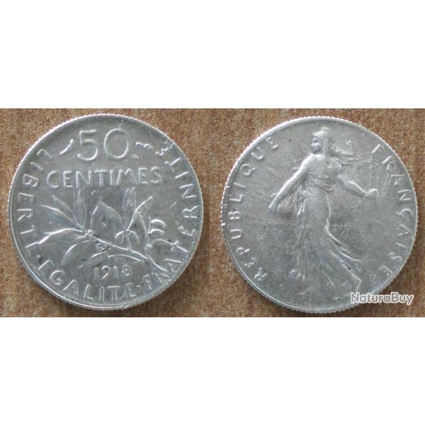 France 50 Centimes 1918 Piece Argent Semeuse Centime