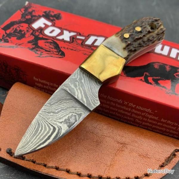 Couteau Damas Mini Skinner Lame Damas 256 Couches Manche Os Etui Cuir Fox-N-Hound FH121
