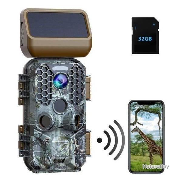 Cam�ra de Chasse 4K 30MP Trail Cam�ra 38*850nm WIFI Bluetooth 120� Panneau solaire +Carte SD 32GO