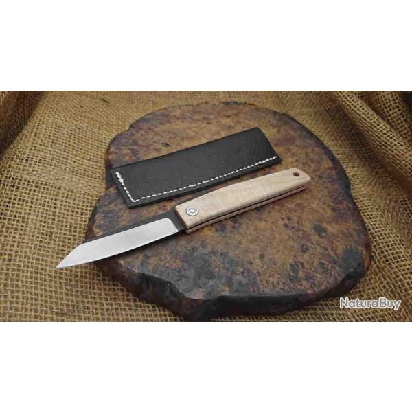 Couteau Ohta Style Higonokami FK7 Lame Acier D2 Manche Erable Housse Cuir Made Japan OFK7M