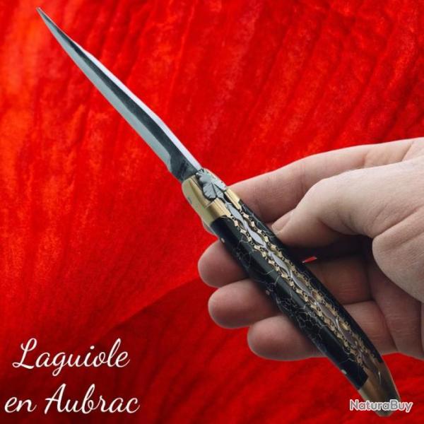 Couteau pliant  Laguiole Aubrac mitre laiton Pierre Matrix lame brut de forge