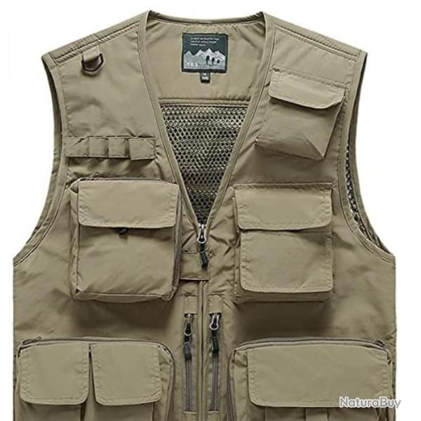 Gilet kaki en mailles multipoches pour randonne, chasse, pche...Livraison gratuite et rapide