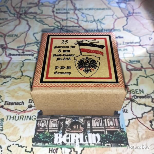 8 mm Rast Gasser 98 (Deutsche Waffen Munitions): Reproduction boite cartouches (vide) DWM97 8704636