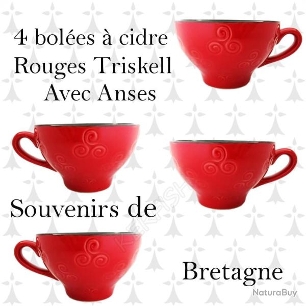 LOT DE 4 BOL�ES A CIDRE ROUGES TRISKELL AVEC ANSES BZH