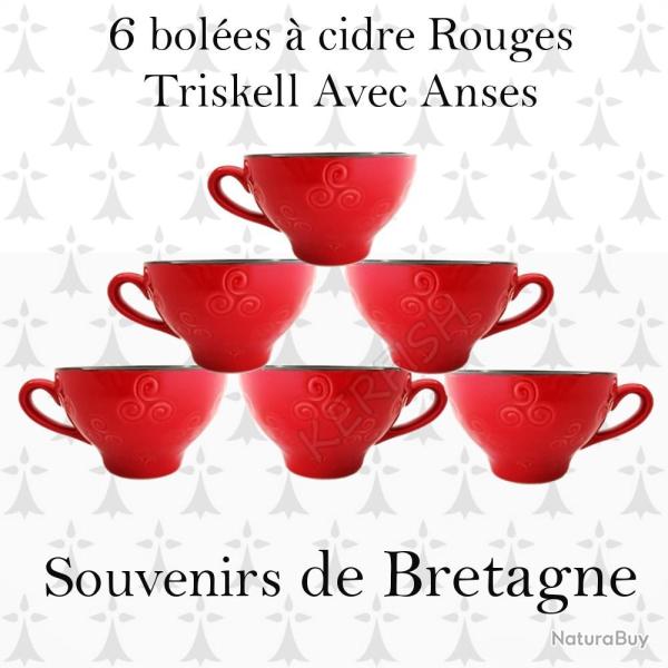 LOT DE 6 BOLES A CIDRE ROUGES TRISKELL AVEC ANSES BZH