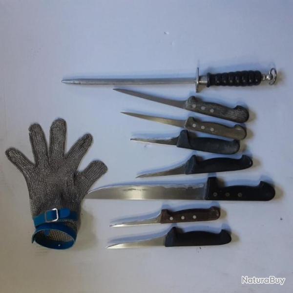 Lot couteaux de boucher et gant cotte de mailles anti coupure