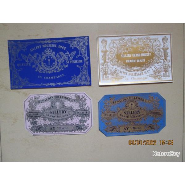 Lot de 4 tiquettes pour bouteilles champagne " BOLLINGER "